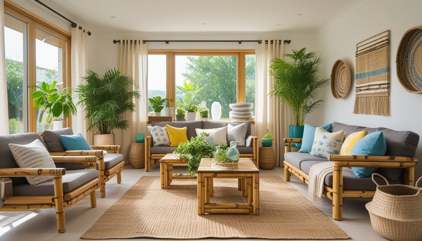 A modern living room with furniture and decor made from sustainable materials such as reclaimed wood, bamboo, and organic fabrics, featuring indoor plants and natural light.