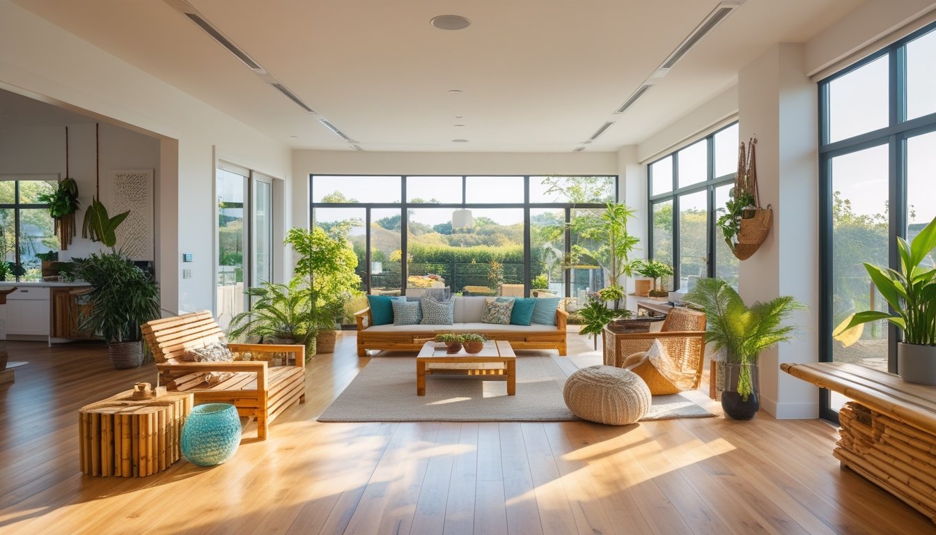 A modern living room featuring furniture and decor made from sustainable materials like reclaimed wood, bamboo flooring, and recycled glass, with indoor plants and large windows letting in natural light.