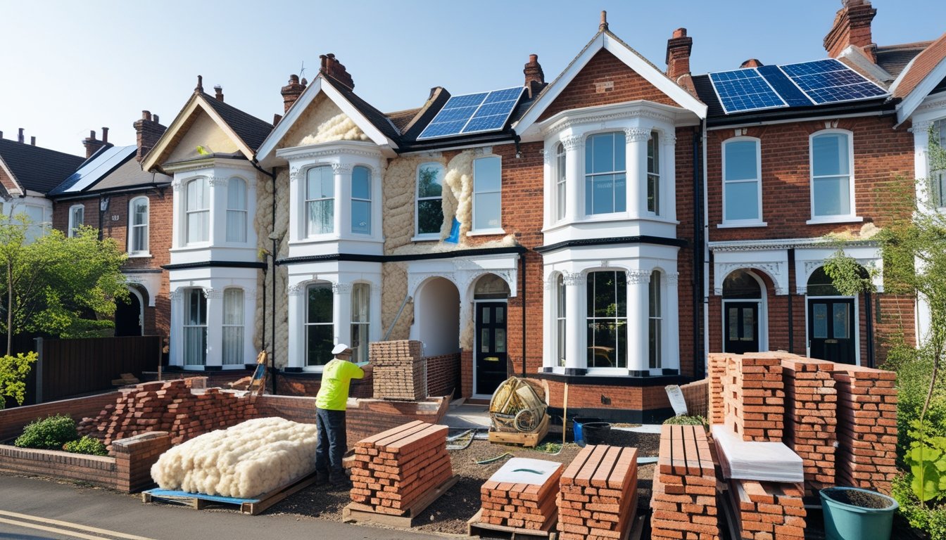 Workers renovating a Victorian terraced house using eco-friendly materials and techniques, with solar panels on the roof and greenery around.