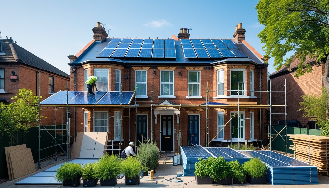 A Victorian terraced house with scaffolding and workers installing solar panels and new windows, surrounded by green plants.