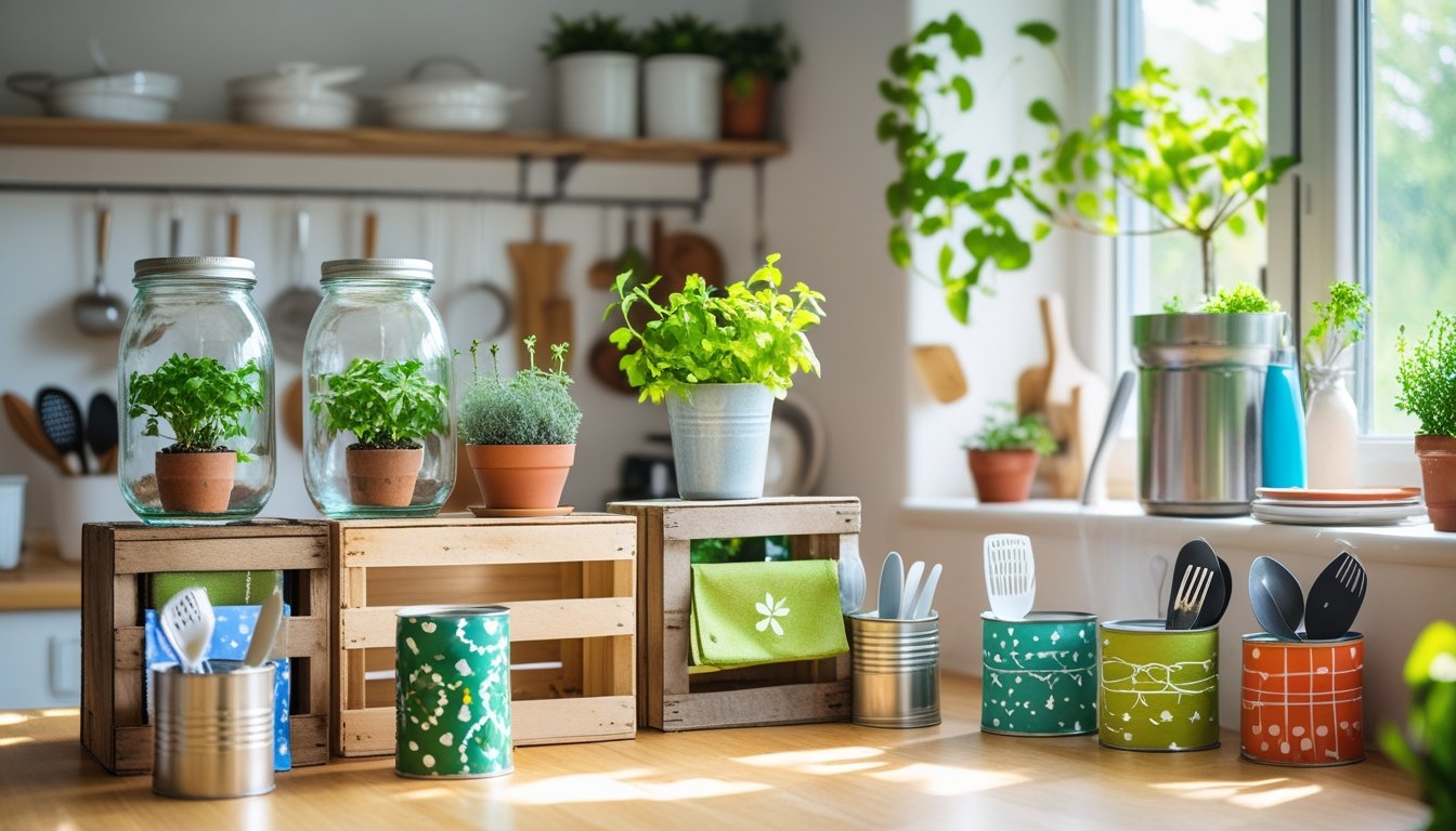 A kitchen with repurposed household items such as glass jars with herbs, wooden crates as shelves, fabric bags, and decorated tin cans used for organising, with plants and natural light visible.