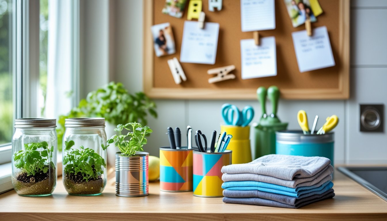 A kitchen countertop showing jars with herbs, tin cans holding pens, folded cloths, and a corkboard with pinned notes.