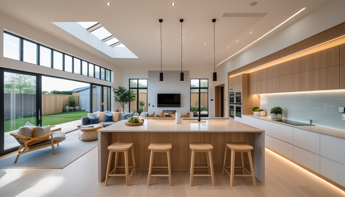A spacious, modern UK home interior with natural light, smart lighting, a kitchen island, and a comfortable lounge area.