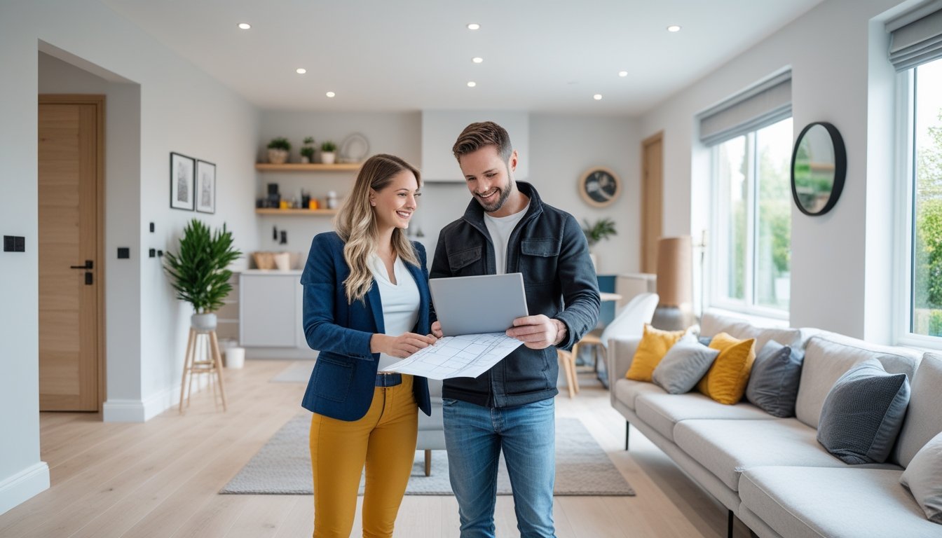 A couple and a contractor discussing renovation plans in a bright, modern living room with new fixtures and fresh paint.