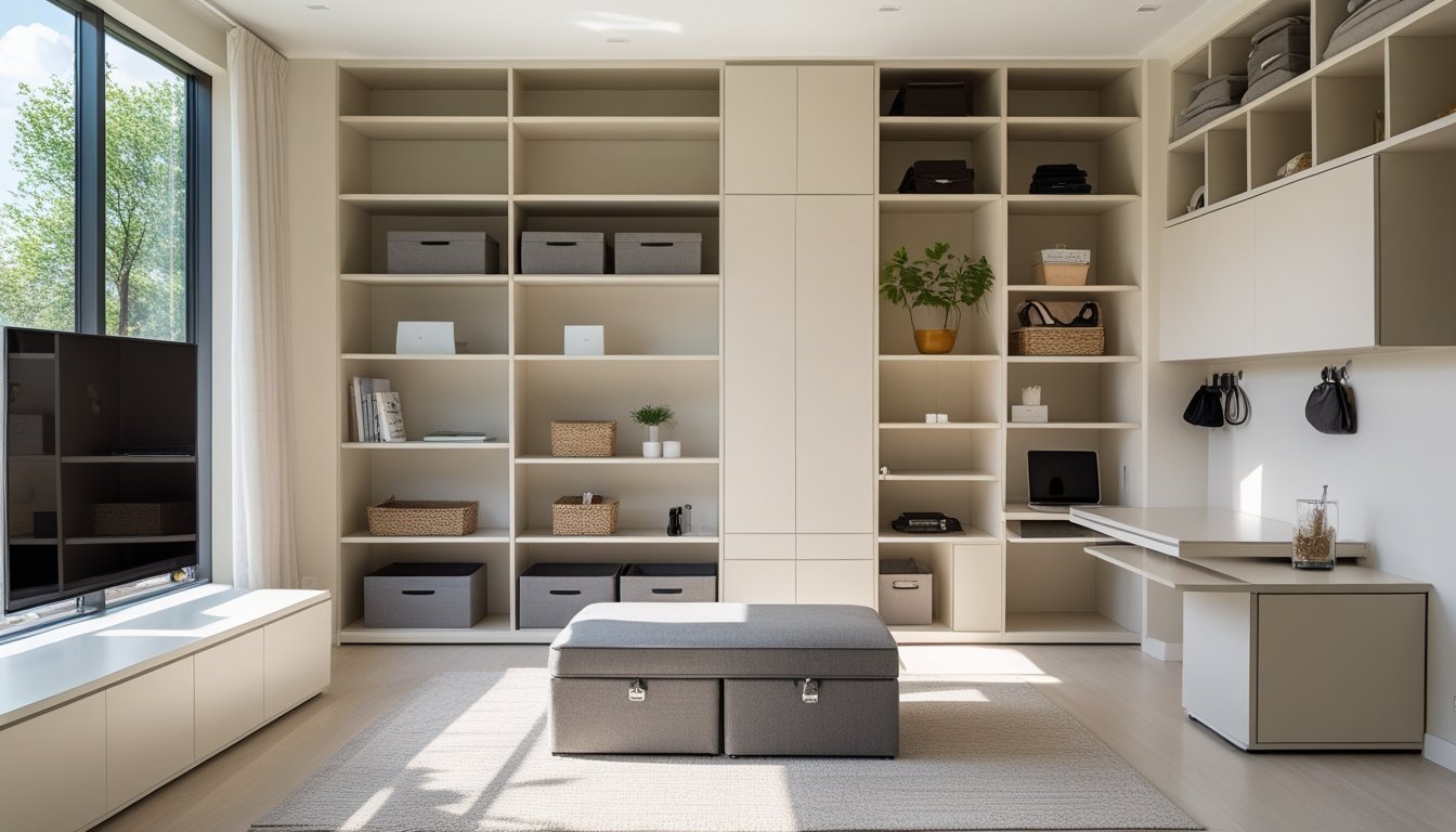 A modern living room with built-in shelves, multi-functional furniture, and wall-mounted storage solutions to maximise space.