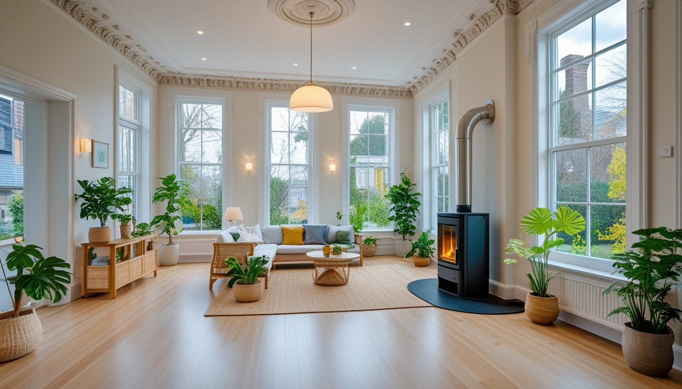 Interior of a Victorian home living room with large windows, plants, and modern eco-friendly energy features.