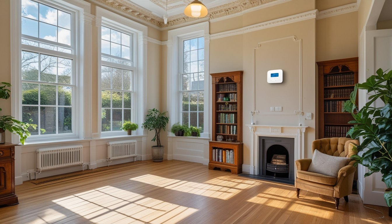 Interior of a Victorian home with large windows, wooden floors, vintage furniture, plants, and modern energy-efficient features.