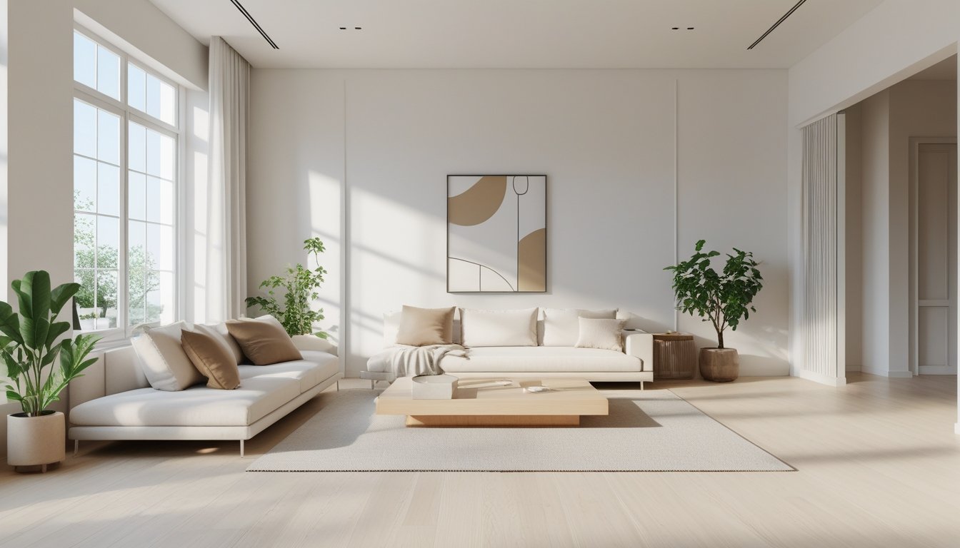 A bright living room with a sofa, coffee table, large windows, and a potted plant, arranged in a clean and uncluttered way.