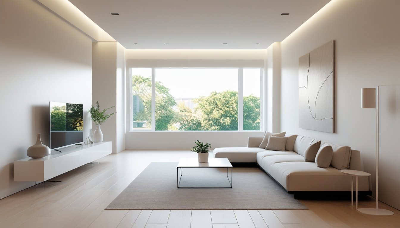 A bright and spacious living room with a sofa, coffee table, large windows, and minimal furniture.