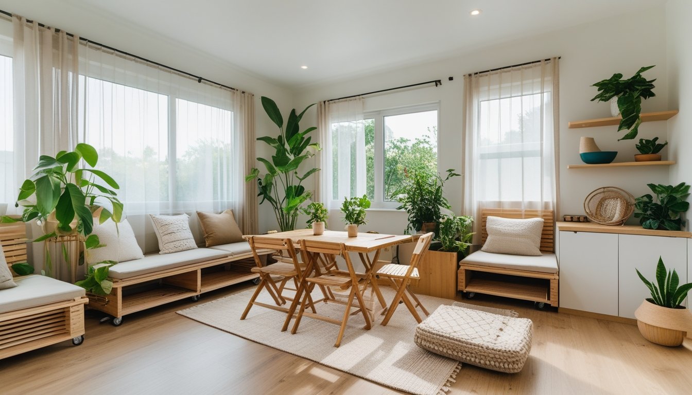 A compact living room with natural light, multi-functional wooden furniture, green plants, built-in shelves, and eco-friendly materials.