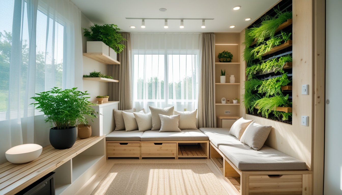 A small, bright living room with natural light, green plants, wooden furniture, and smart storage solutions.