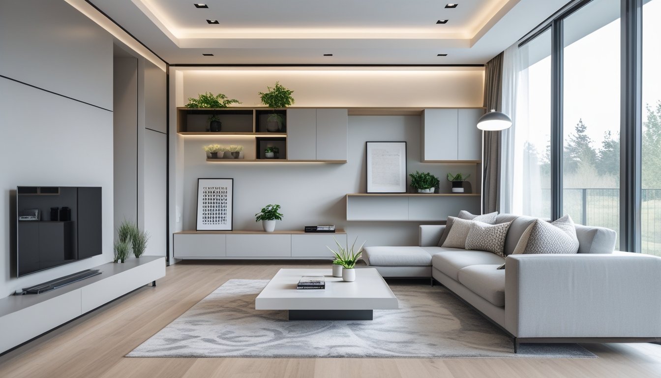 A bright living room with a sofa, coffee table, shelving unit, and large windows letting in natural light.