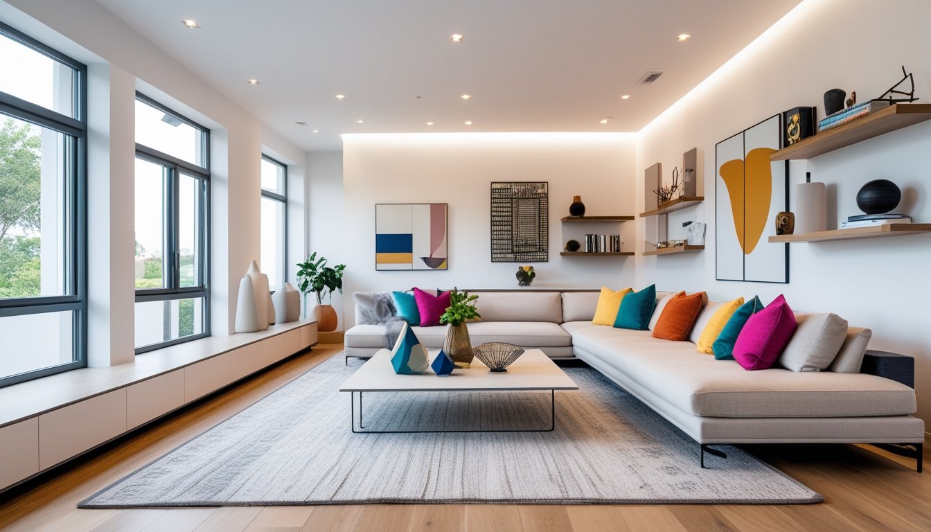 A modern living room with a sofa, coffee table, indoor plants, large windows, and decorative shelves.