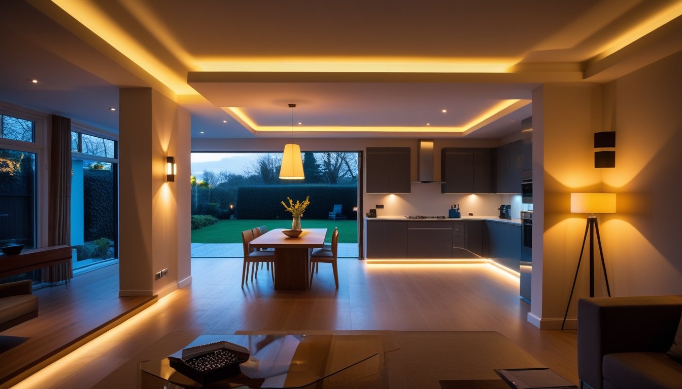 Interior of a modern UK home showing a living room, dining area, kitchen, and hallway with various creative lighting fixtures illuminating the spaces.