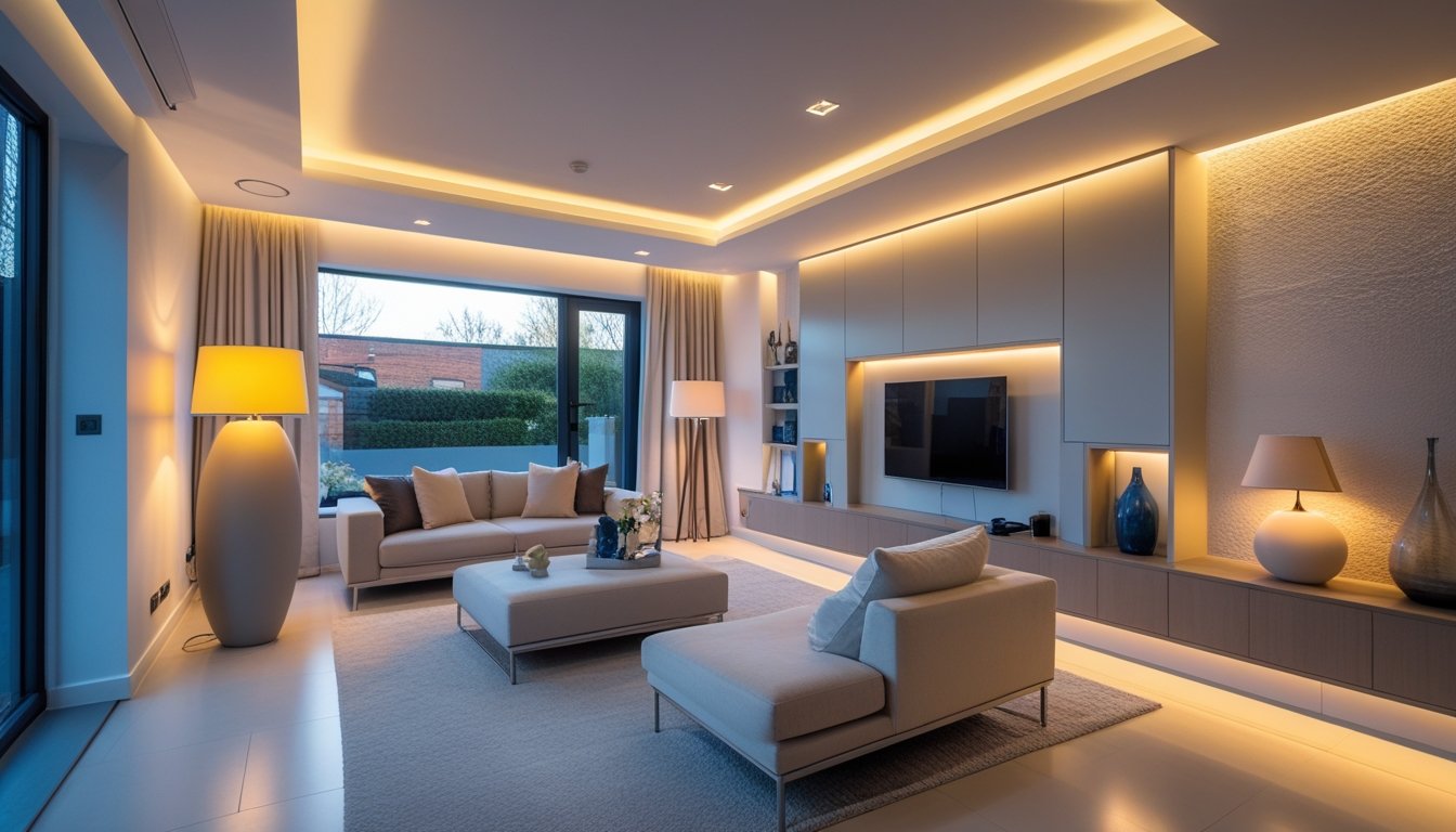 A modern UK living room with multiple stylish lighting fixtures illuminating the space.