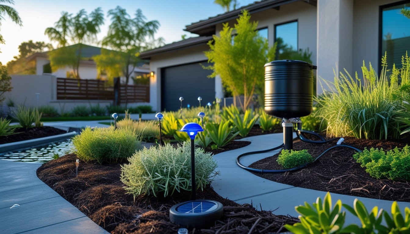 A modern garden with drought-tolerant plants, solar lights, rainwater harvesting barrel, and smart irrigation systems in a residential setting.