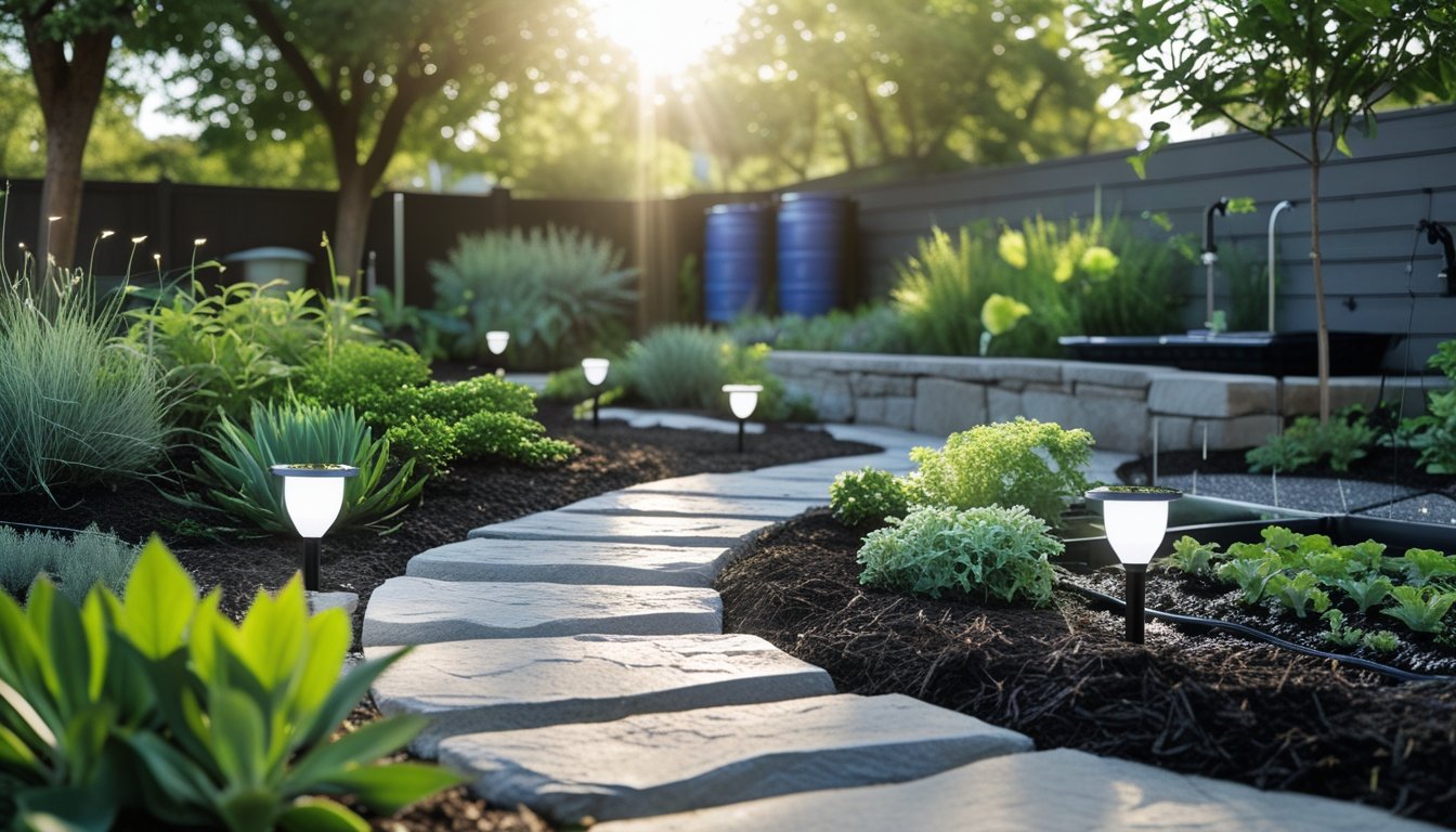 A garden with solar lights, drought-resistant plants, rainwater barrels, and a vegetable patch with irrigation systems.