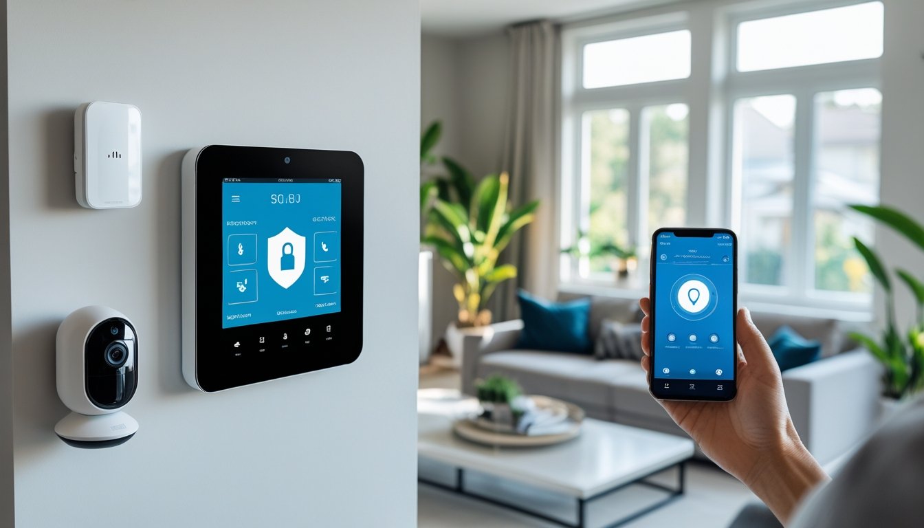 A modern living room with smart home security devices including a wall control panel, a security camera, and a person holding a smartphone showing a security app.