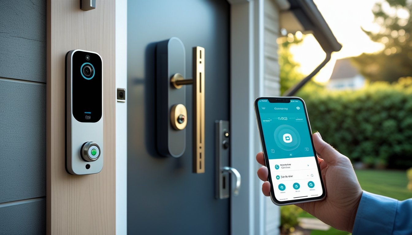 A modern home entrance with a digital smart lock, video doorbell camera, and a person holding a smartphone showing a home security app.