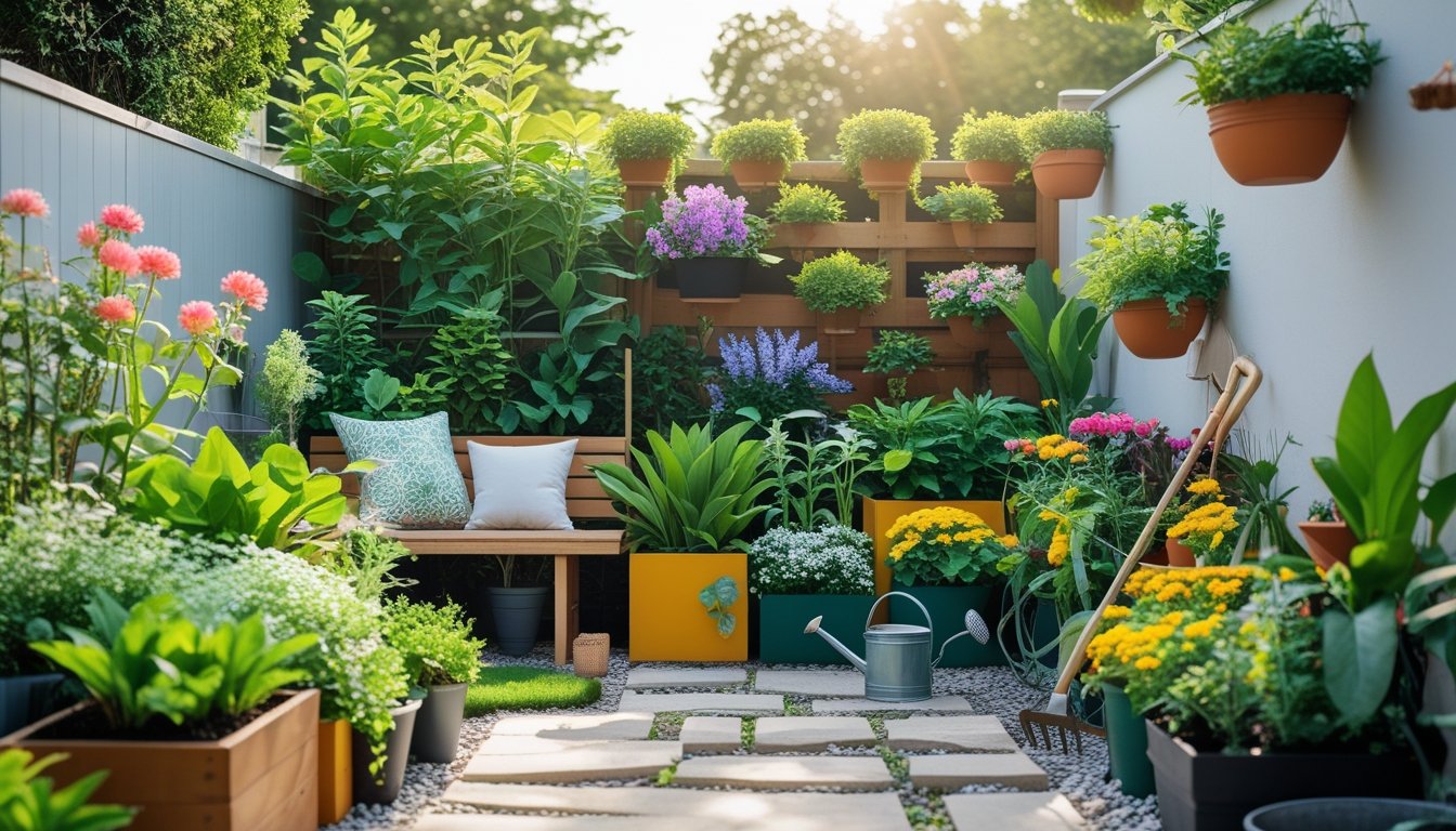A small garden area with green plants, colourful flowers, a wooden bench, garden tools, and a watering can, all arranged neatly in a compact outdoor space.
