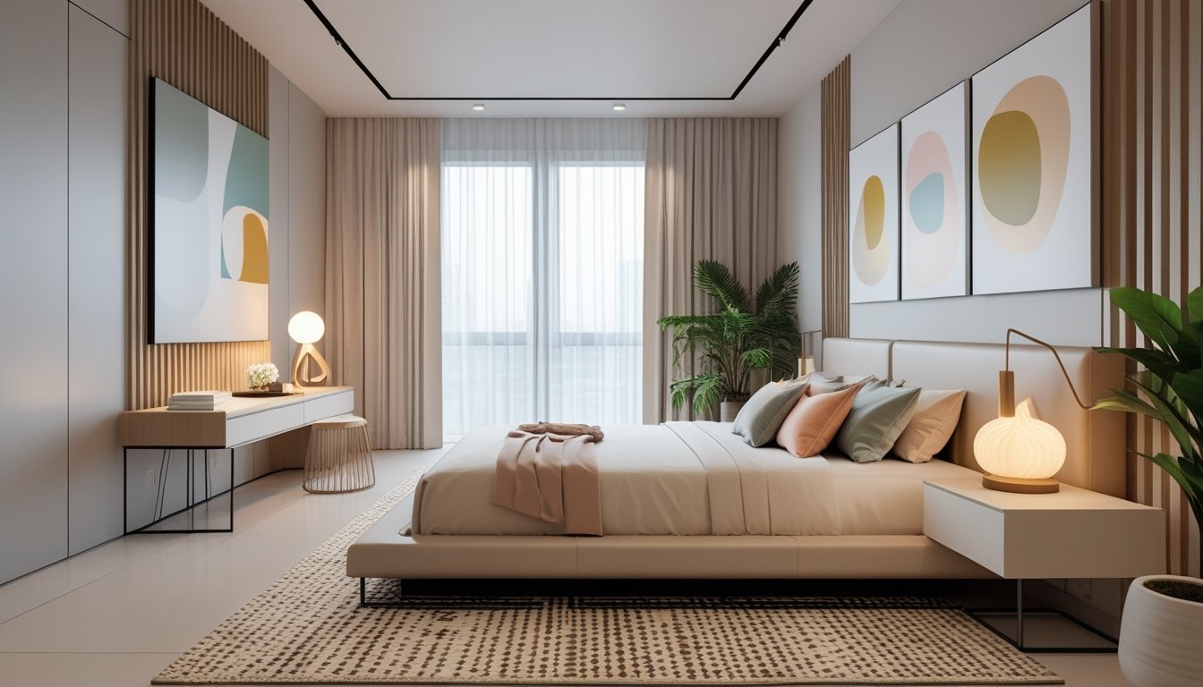 A modern bedroom with a low bed, nightstand with lamp, abstract wall art, large window with sheer curtains, textured rug, and indoor plants.