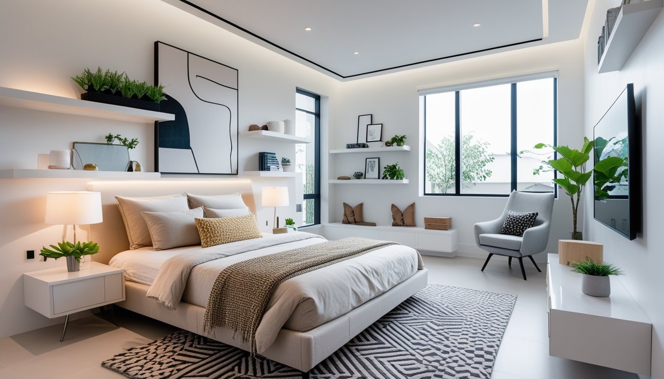 A modern bedroom with a neatly made bed, nightstand with lamp and plant, abstract wall art, a reading chair by large windows, and decorative shelves.