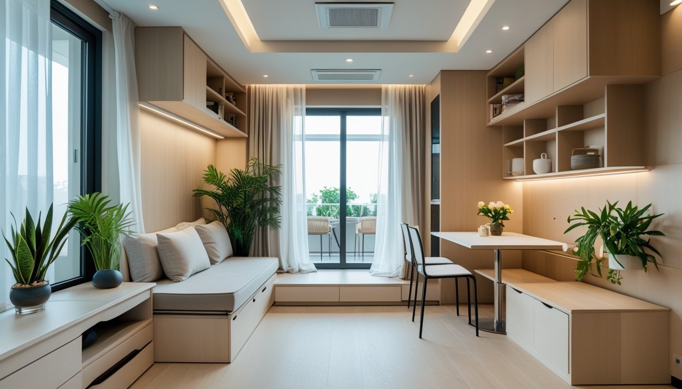 A compact living room with a small sofa, foldable dining table, built-in shelves, large windows, and indoor plants, arranged neatly to maximise space.