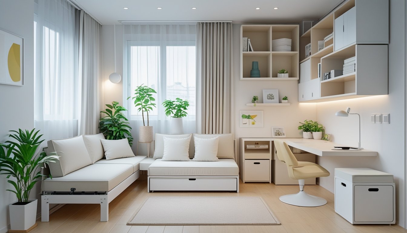 A small, well-organised living room with multifunctional furniture, natural light, and plants.