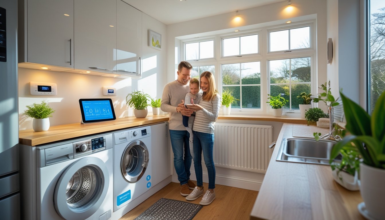 A small UK home interior with energy-efficient lighting, smart thermostats, double-glazed windows, and a family using smart home devices to save energy.