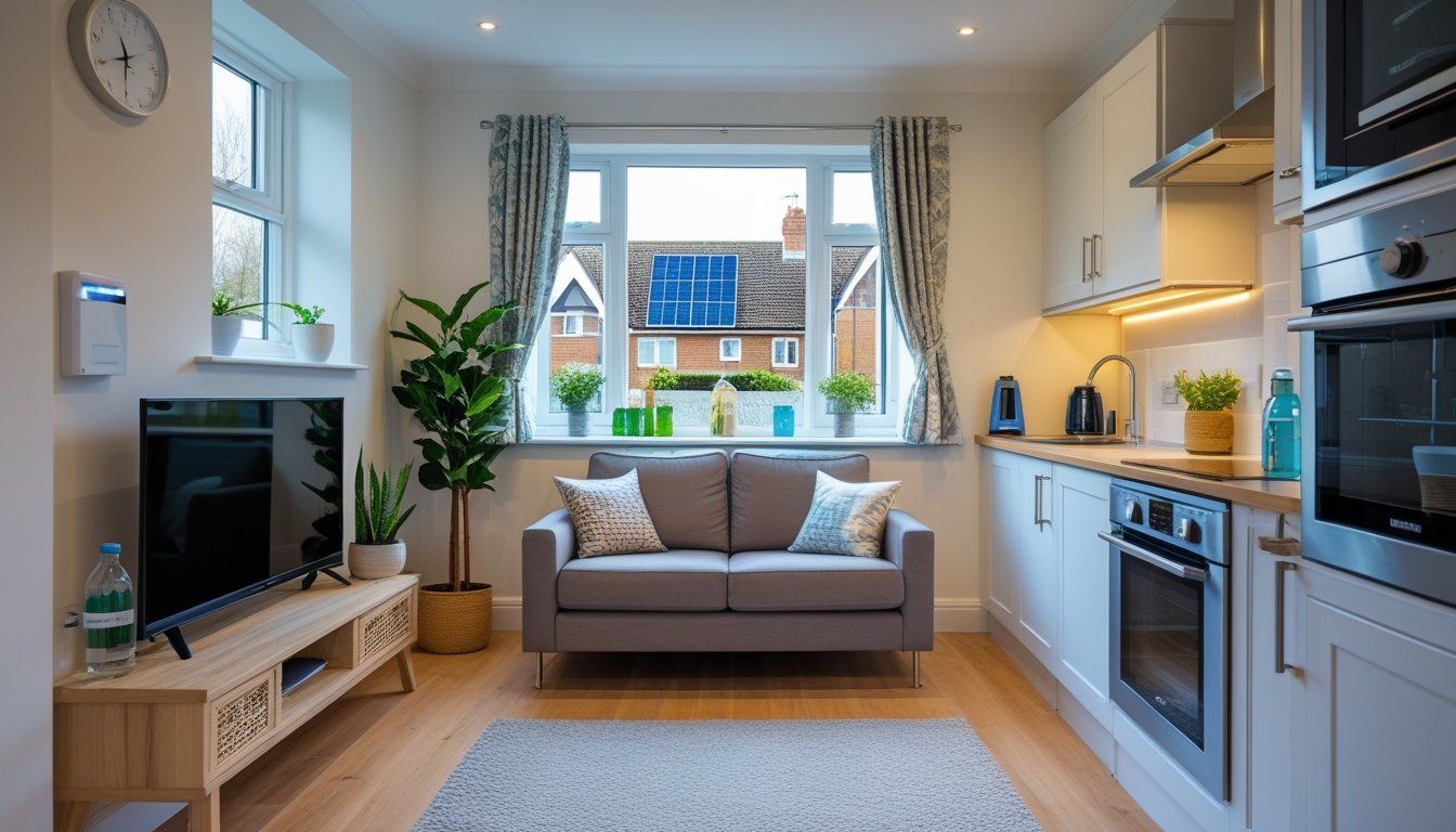 Interior of a small UK home living room with large windows, plants, smart thermostat, and energy-efficient lighting.